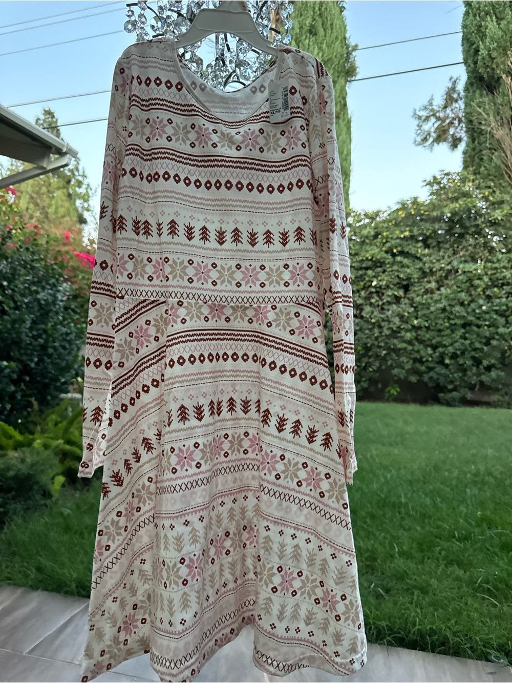 Girls Cream Dress with Red Patterned Print, Long Sleeve